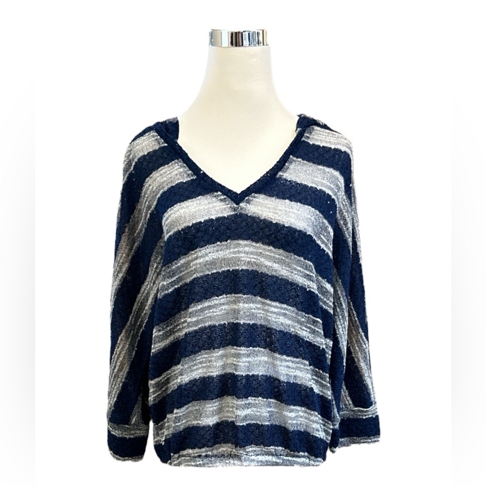 INC International Concepts Womens Navy Gray Striped Sequin Hooded Sweater Medium